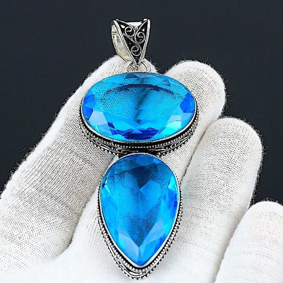 Sterling Silver Blue Topaz Pendant Gemstone Charm Necklace, Handmade - Picture 2 of 12